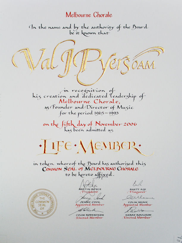 Life Member Certificate for Melbourne Symphony Orchestra