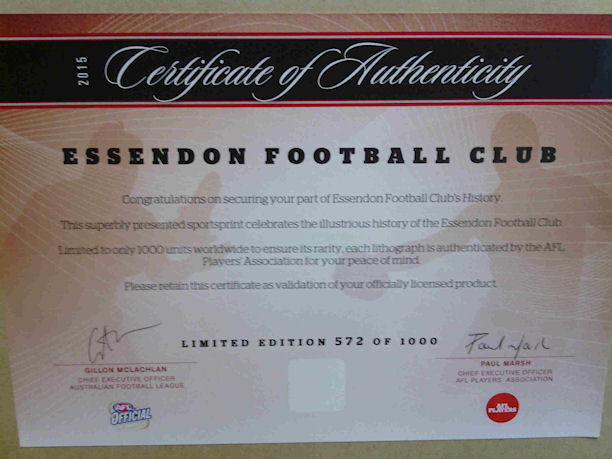 Essendon F C Limited Edition COA