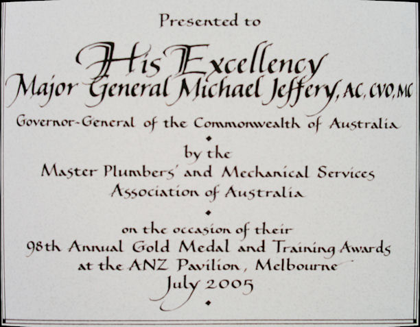 Inscription to the Governor-General from the Master Plumbers Association